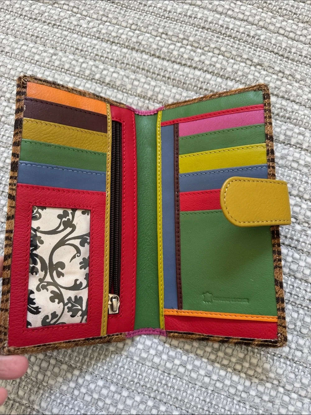 Zebra-Print Trifold Wallet with Pink and Mustard Accents
